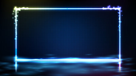 abstract futuristic background of blue neon square frame with smoke and technology floorのイラスト素材