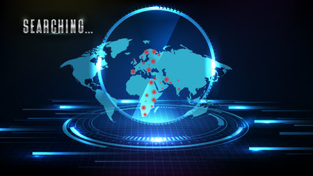 abstract background of futuristic technology screen scan radar red spot virus with world mapsのイラスト素材