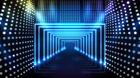 Abstract futuristic blue background of stage neon door with beautiful spotlight rayのイラスト素材