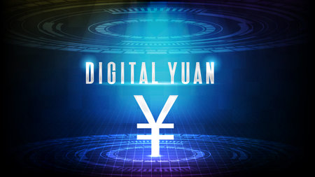 abstract background of futuristic technology china yuan digital currency with screen hud uiのイラスト素材