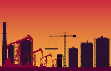 silhouette crude oil pump station and tank construction site on orange gradient backgroundのイラスト素材