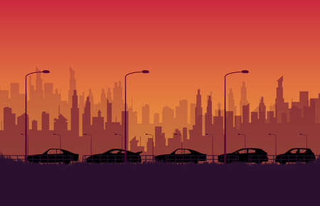 silhouette street car race on the road with city on orange gradient backgroundのイラスト素材