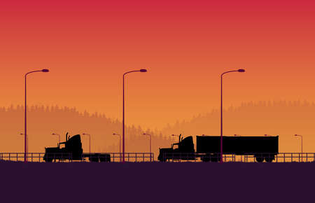 silhouette american truck with trailer container with forest mountain landscape on orange gradient backgroundのイラスト素材