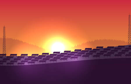 silhouette solar panel farm on orange gradient backgroundのイラスト素材