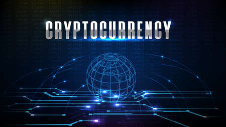 abstract background of futuristic technology screen line internet connection with world maps and cryptocurrency sign textのイラスト素材