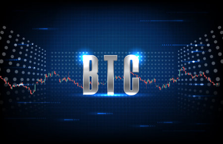 abstract background of futuristic technology cryptocurrency BTC Bitcoin sign text and candle stick red and greenのイラスト素材