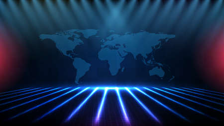 abstract futuristic background of blue empty stage Stairs covered with red carpet and lighting spotlgiht stage backgroundのイラスト素材