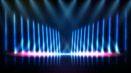 abstract futuristic background of blue empty stage and neon lighting spotlgiht stage backgroundのイラスト素材