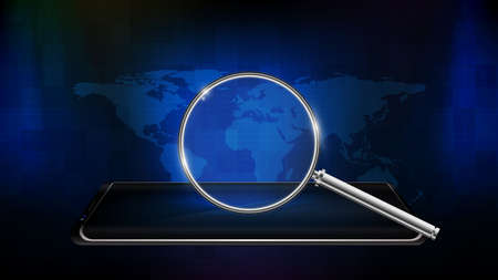 abstract futuristic technology background of smart mobile phone with magnifying glass and world mapのイラスト素材