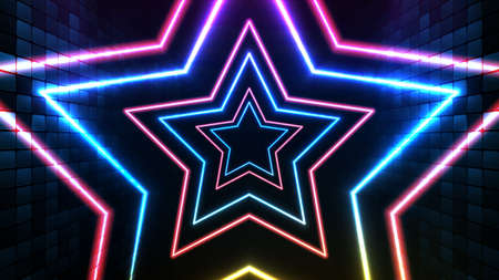 abstract futuristic background of blue neon glowing star and lighting spotlgiht stage backgroundのイラスト素材