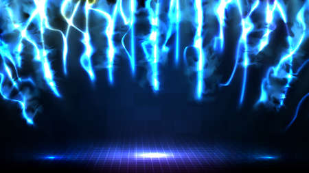 abstract futuristic background of blue empty stage and neon lighting spotlgiht stage backgroundのイラスト素材
