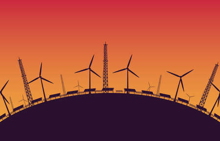 silhouette underconstruction Offshore wind turbine farm in sea on orange gradient background