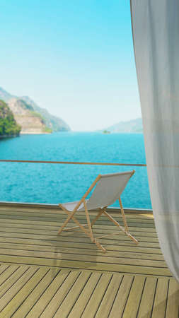 background of minimal outdoor lounging terrace and sofa chair with beautiful dam view , 3D illustration renderingの写真素材