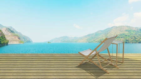 background of minimal outdoor lounging terrace and sofa chair with beautiful dam view , 3D illustration renderingの写真素材