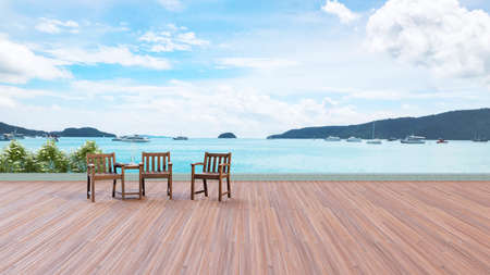 background of minimal outdoor lounging terrace and chair seat with sea and cruise view , 3D illustration renderingの写真素材