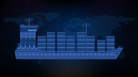abstract blue background of side view shipping container cargo ship with world map