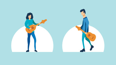 flat cartoon character of man with guitarのイラスト素材