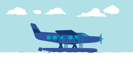 flat cartoon side view of sea air plane in the sea