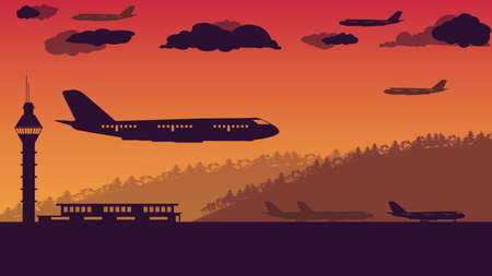 silhouette of airplane and air traffic control tower on orange gradient backgroundのイラスト素材