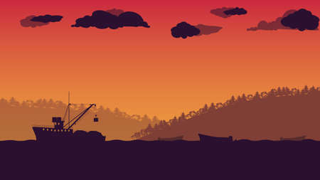 silhouette of fishing vessel boat at Ocean or sea on orange gradient backgroundのイラスト素材