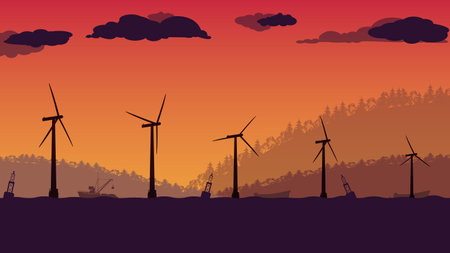 silhouette of Offshore wind turbine farm in sea on orange gradient backgroundのイラスト素材