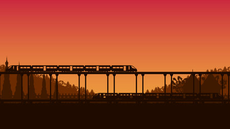 silhouette train and temple with bridge in Thailand on orange gradient background