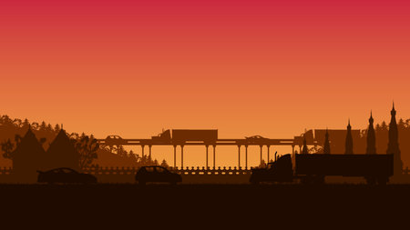 silhouette of truck, and car transport on orange gradient backgroundのイラスト素材