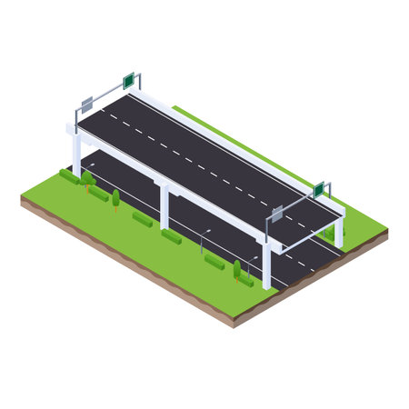 isometric scene of highway traffic road with sign and spotlight lampのイラスト素材