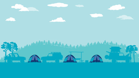 flat cartoon side view of off road vehicle car camping with forest mountain landscapeのイラスト素材