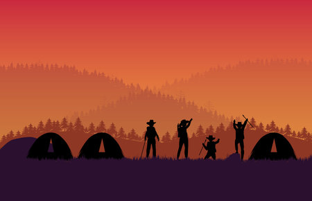 silhouette group of hiker traveller or trekker and tent on orange gradient backgroundのイラスト素材