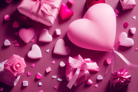 background of top view pink heart and gift present, generative art by A.I.の素材