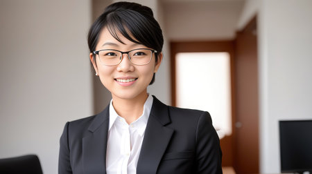 portrait asian confident short hair wearing glasses woman in suit in the office , generative art by A.I.の素材