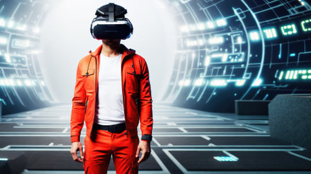 human wearing VR glasses headset new technology on scifi background, generative art by A.I.の素材