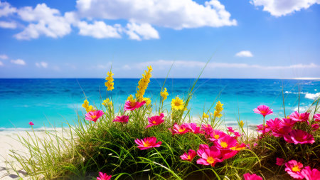 landscape background of summer season on warm sunny day with grass trees at the beach , generative art by A.I.の素材