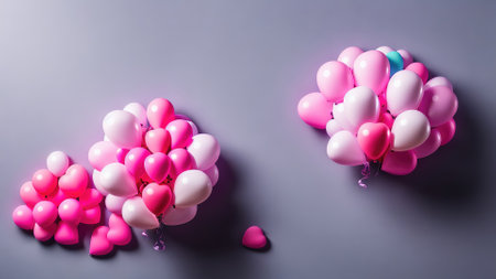 top view pink tone of gift box present and pink balloons, generative art by A.I.の素材