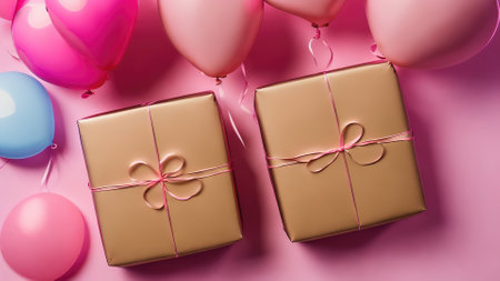 top view pink tone of gift box present and pink balloons, generative art by A.I.の素材