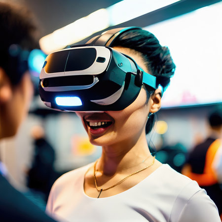 future human wearing VR virtual headset glasses , generative art by A.I.の素材