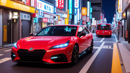 futuristic sci fi car in the city night with neon light, generative art by A.I.の素材