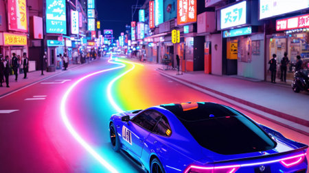 futuristic sci fi car in the city night with neon light, generative art by A.I.の素材