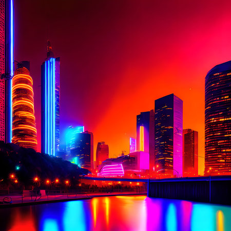 future modern city with neon light, generative art by A.I.の素材