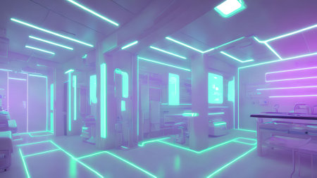 futuristic interior clean modern medical room with neon light, generative art by A.I.の素材