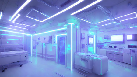 futuristic interior clean modern medical room with neon light, generative art by A.I.の素材