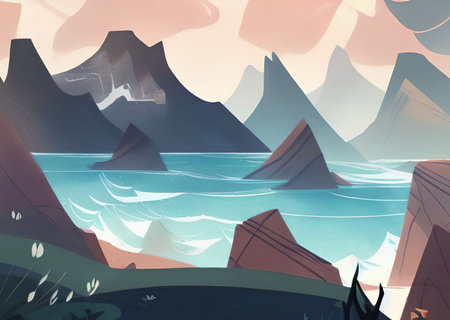 illustration of panoramic sea ocean view, generative art by A.I.の素材