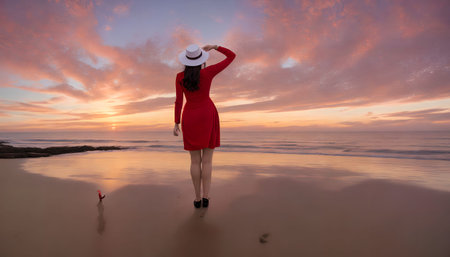 back view of woman at the beach, generative art by A.I.の素材