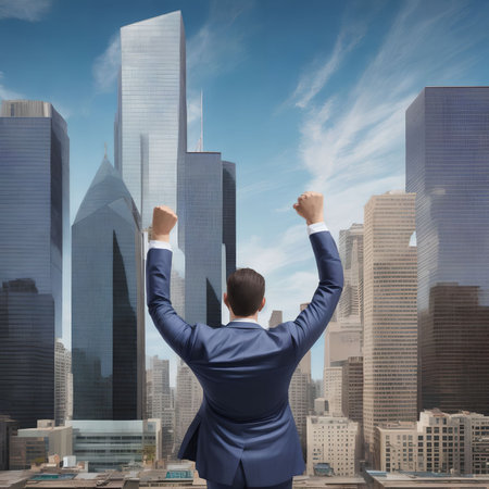 man hands up to celebrate with building in background, generative art by A.I.の素材