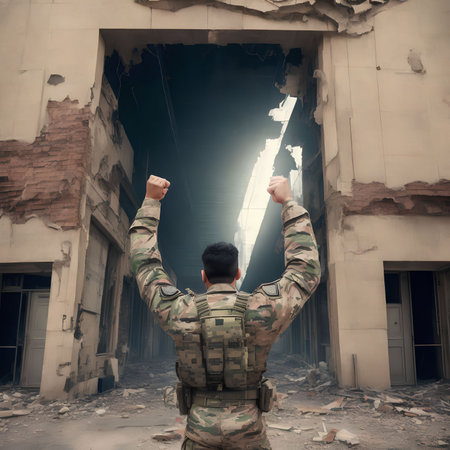 soldier hands up to celebrate with building in background, generative art by A.I.の素材