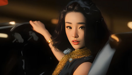 illustration asian woman driving a car, generative art by A.I.の素材