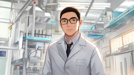 digital art of scientist researcher laboratory, cartoon style, generative art by A.Iの素材