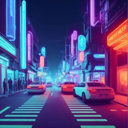 city street at night with neon light, generative art by A.Iの素材