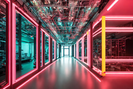 futuristic interior design laboratory lab server room with neon light, generative art by A.Iの素材